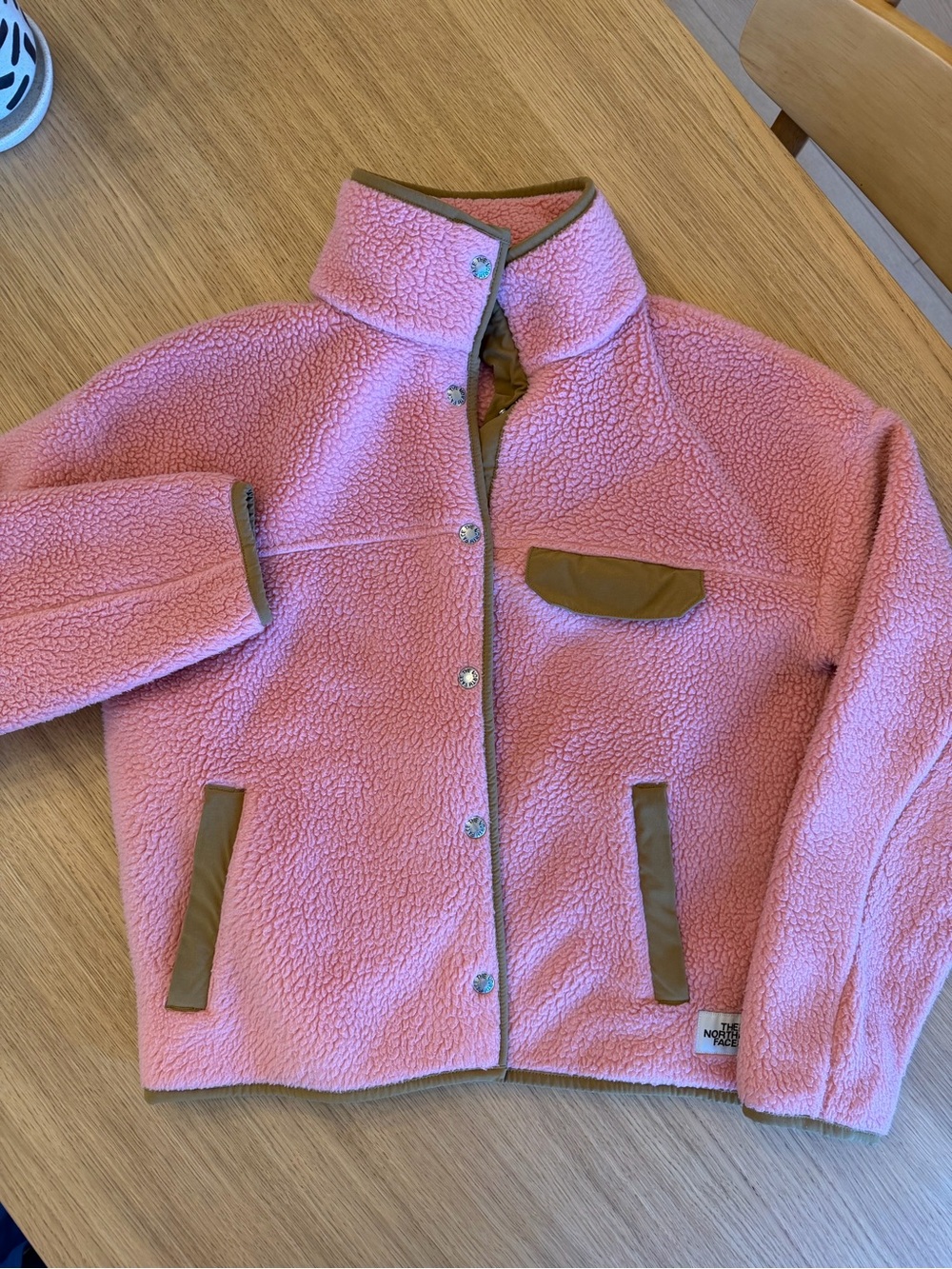The North Face Pink Sherpa Jacket with Tan Trim
